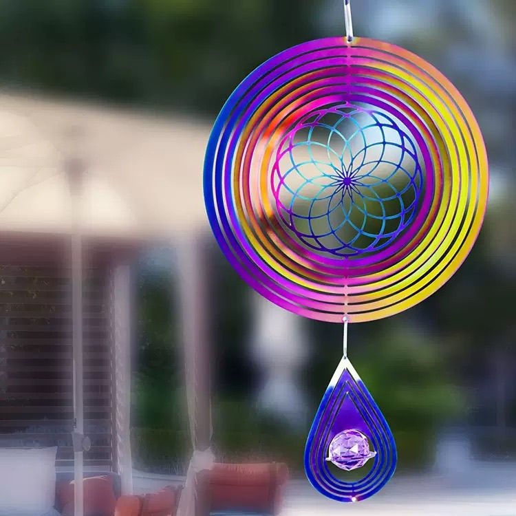3D mandala zvončić za vjetar s preklopnim rotirajućim dijelom od nehrđajućeg čelika – zen viseća dekoracija za dvorište i vrt u skandinavskom stilu