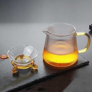 Set Gongfu de ceai din sticlă transparentă, cu ceașcă de distribuție în dungi și tavă de ceai cu filtru, stil japonez