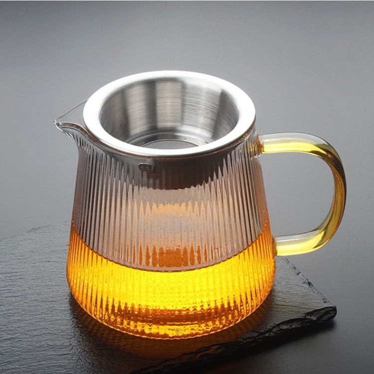 Set Gongfu de ceai din sticlă transparentă, cu ceașcă de distribuție în dungi și tavă de ceai cu filtru, stil japonez