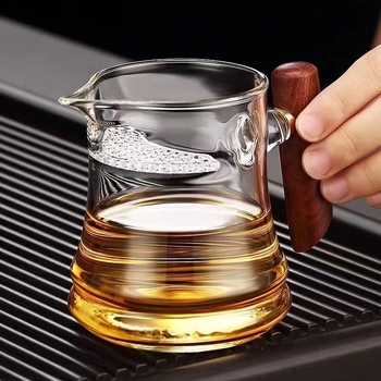 Set de ceai din sticlă borosilicată rezistentă la temperaturi, filtru în formă de semilună, mâner din lemn și mâner lateral, divizor pentru ceai