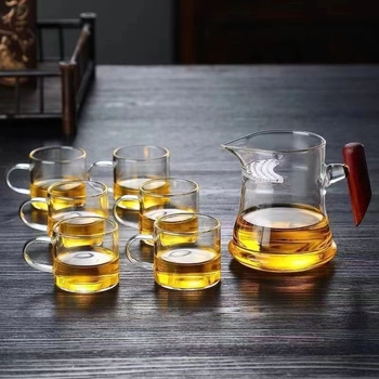 Set de ceai din sticlă borosilicată rezistentă la temperaturi, filtru în formă de semilună, mâner din lemn și mâner lateral, divizor pentru ceai