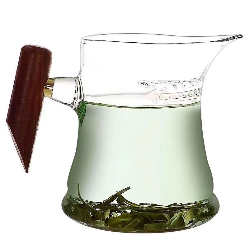Set de ceai din sticlă borosilicată rezistentă la temperaturi, filtru în formă de semilună, mâner din lemn și mâner lateral, divizor pentru ceai