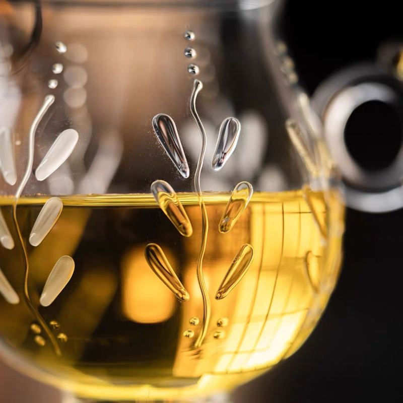Ceainier decorativ din sticlă borosilicat rezistentă la temperaturi, pictură manuală cu glicină în relief