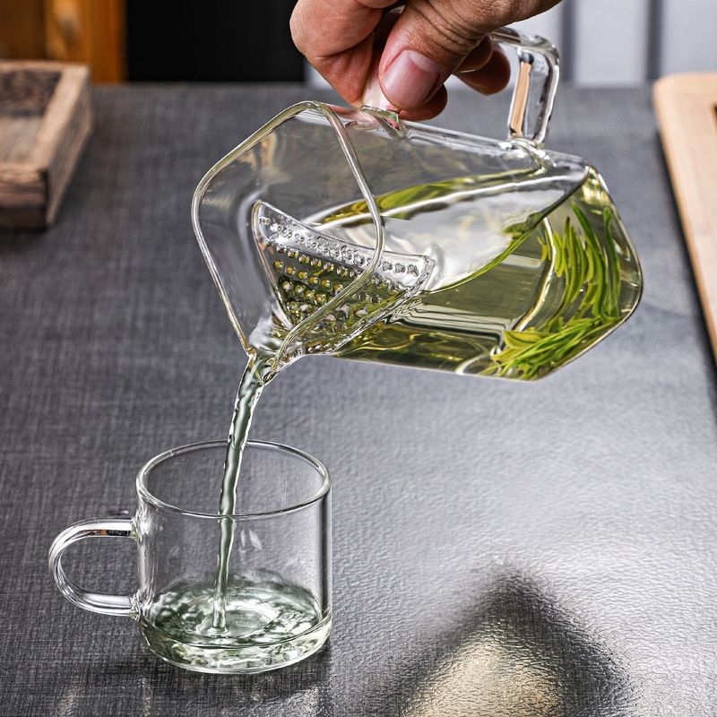 Ceașcă de ceai din sticlă borosilicat transparentă, design semilună-pătrat, cu filtru și separator de ceai, stil simplu, ceașcă pătrată cu mâner