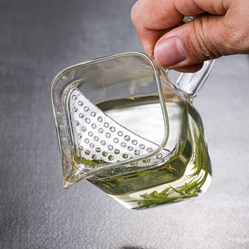 Ceașcă de ceai din sticlă borosilicat transparentă, design semilună-pătrat, cu filtru și separator de ceai, stil simplu, ceașcă pătrată cu mâner