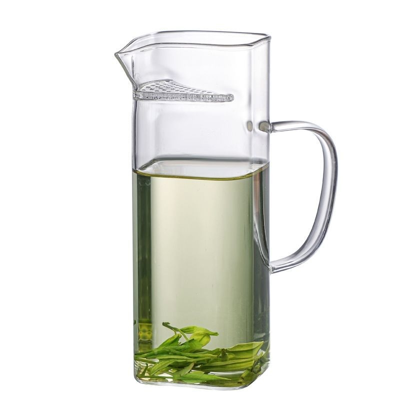 Ceașcă de ceai din sticlă borosilicat transparentă, design semilună-pătrat, cu filtru și separator de ceai, stil simplu, ceașcă pătrată cu mâner