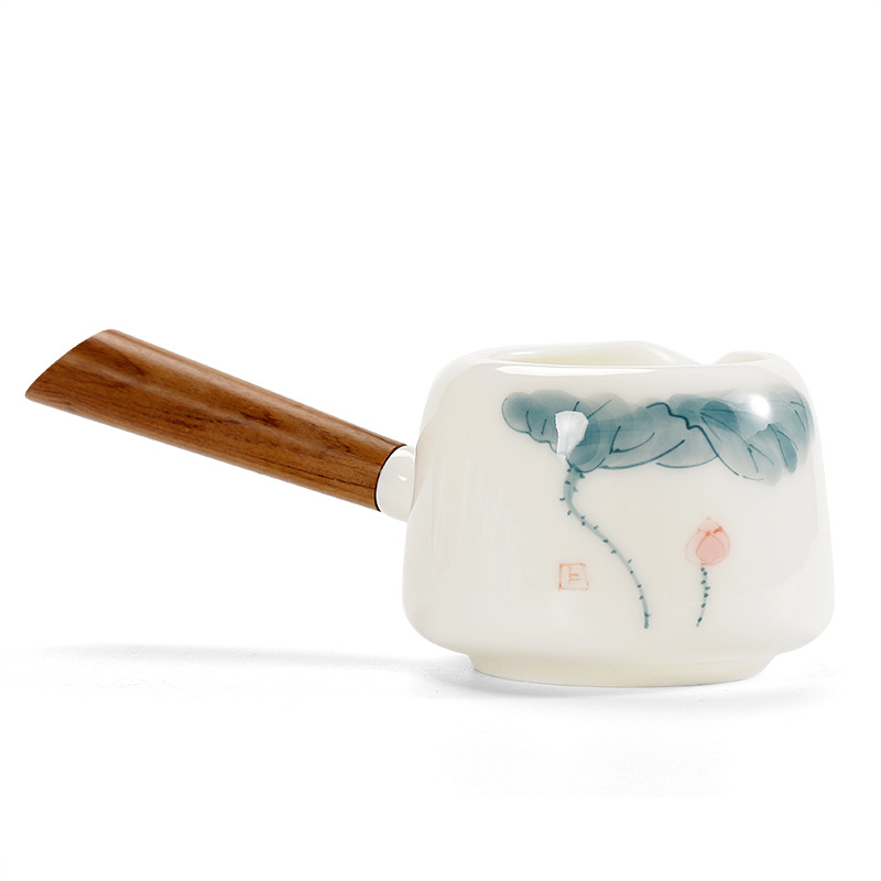 Ceașcă de ceai Gongfu din porțelan alb, decor pictat manual cu lotus, stil japonez, mâner lateral din lemn, set ceramic pentru ceai