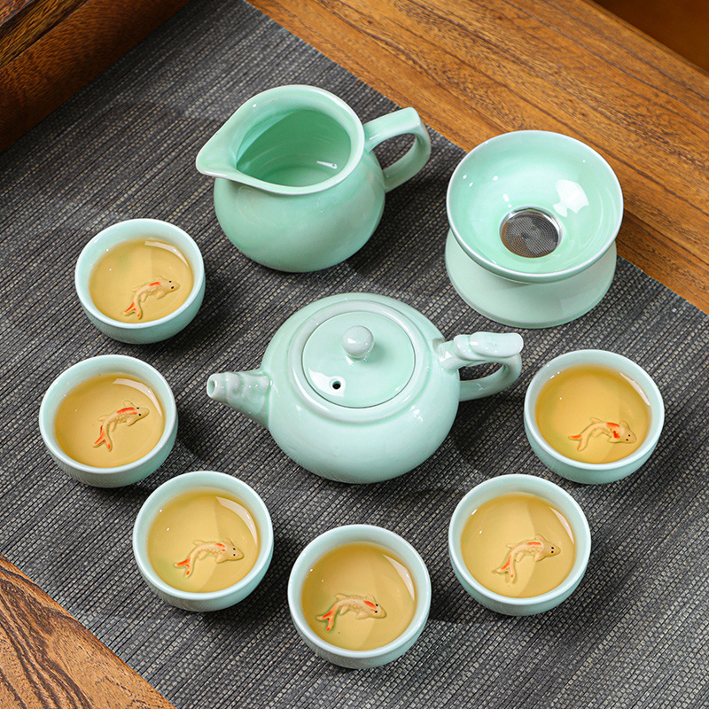 Set de ceai Celadon din porțelan cu motiv pește, pentru 6 persoane, portabil, în cutie cadou
