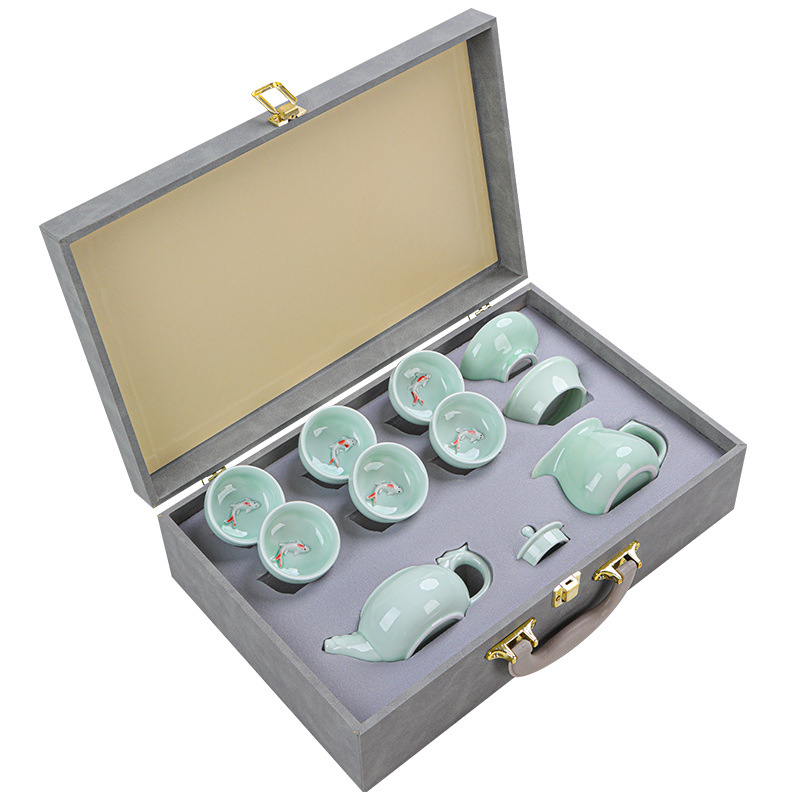 Set de ceai Celadon din porțelan cu motiv pește, pentru 6 persoane, portabil, în cutie cadou