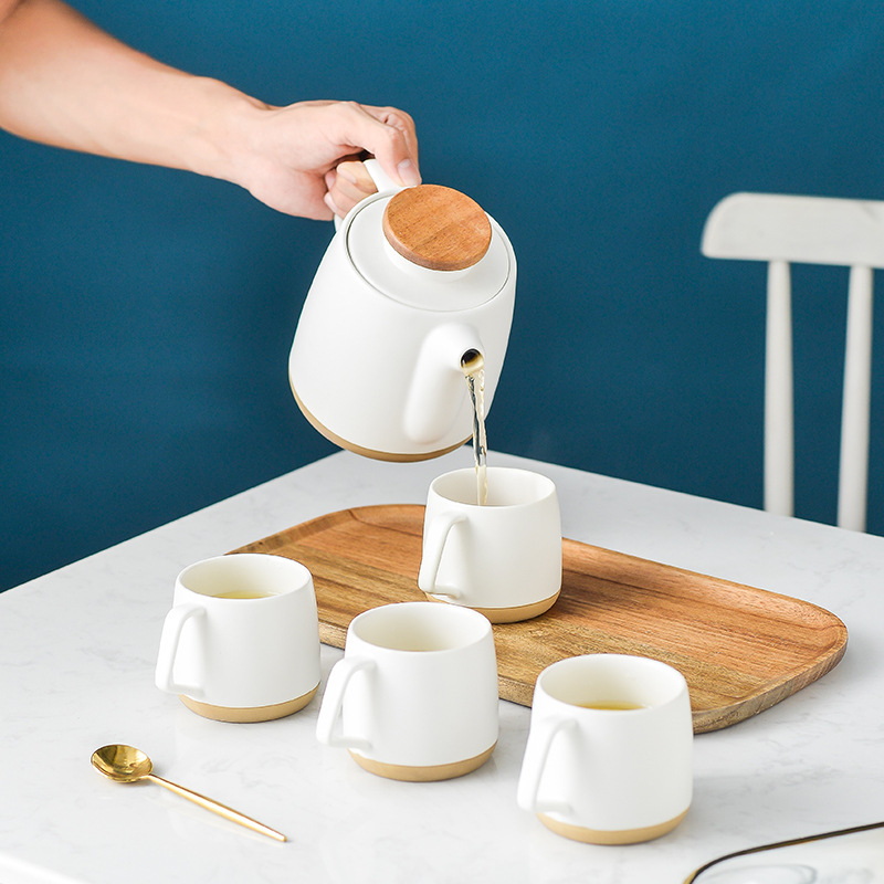 Set de ceai ceramic în stil nordic, cu ceainic cu filtru și căni de cafea, culoare solidă, design minimalist