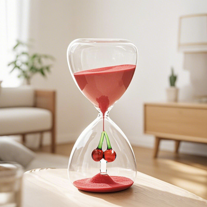 Clepsidră din sticlă, 15 minute, cu cireș roșu, pentru decor în casă