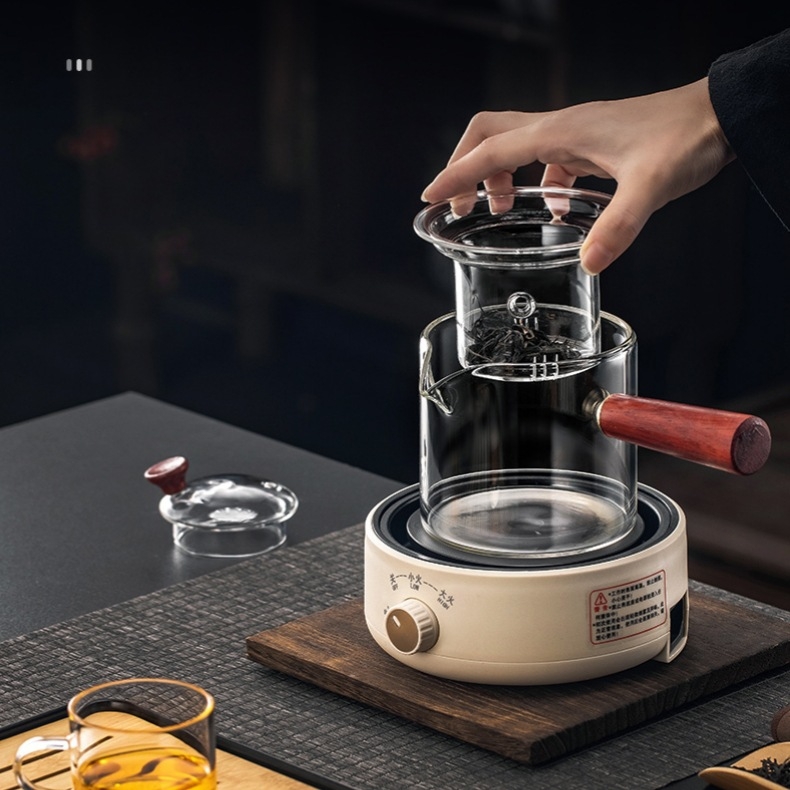 Ceainic cu mâner lateral și filtru, sticlă rezistentă la căldură – set de ceai pentru uz casnic, pe plită electrică ceramică