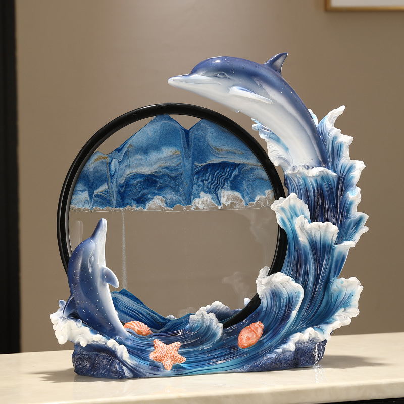 Mare ornament cu delfin și pictură cu nisip curgător – decor modern de lux pentru sufragerie