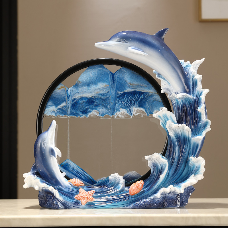 Mare ornament cu delfin și pictură cu nisip curgător – decor modern de lux pentru sufragerie
