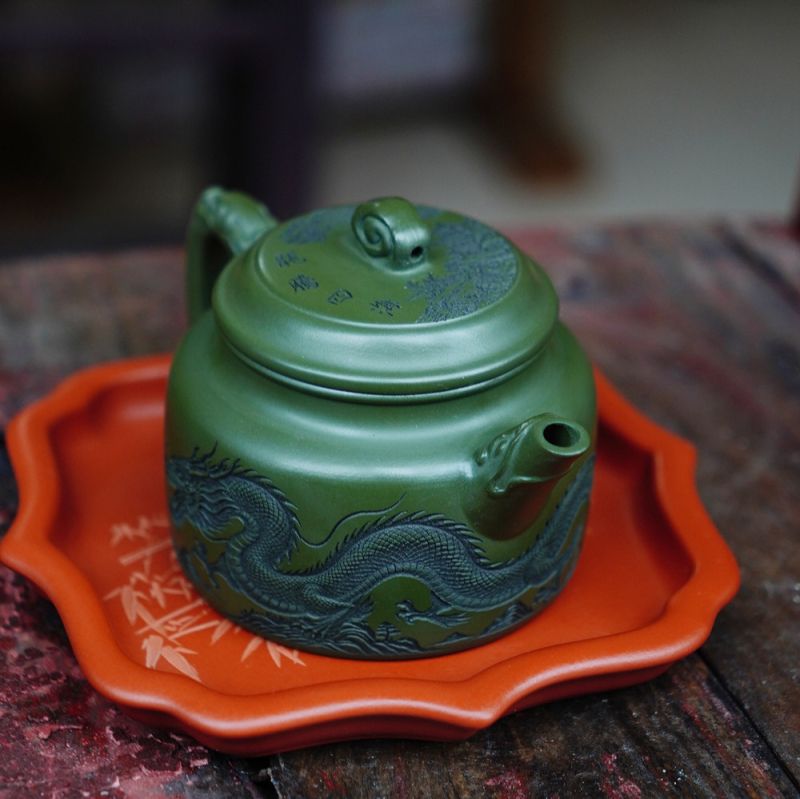 Ceainic din lut mov Yixing, stil Longteng Four Seas Dezhong, lut verde mineral