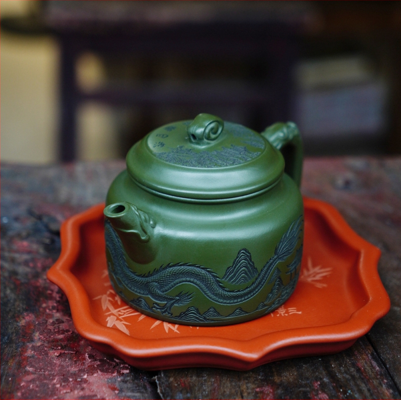 Ceainic din lut mov Yixing, stil Longteng Four Seas Dezhong, lut verde mineral