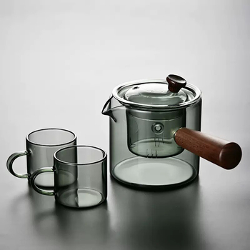Ceainic din sticlă borosilicată cu mâner lateral, rezistent la temperaturi înalte, pentru birou și casă