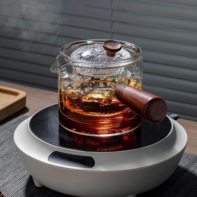 Ceainic din sticlă borosilicată cu mâner lateral, rezistent la temperaturi înalte, pentru birou și casă