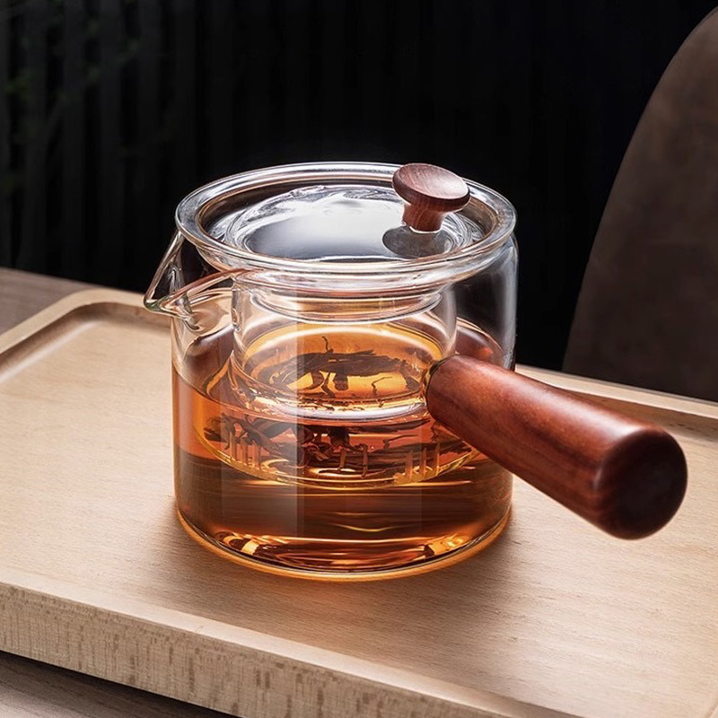 Ceainic din sticlă borosilicată cu mâner lateral, rezistent la temperaturi înalte, pentru birou și casă