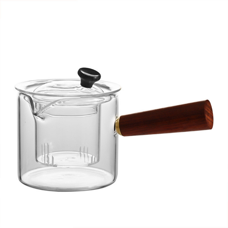 Ceainic din sticlă borosilicată cu mâner lateral, rezistent la temperaturi înalte, pentru birou și casă
