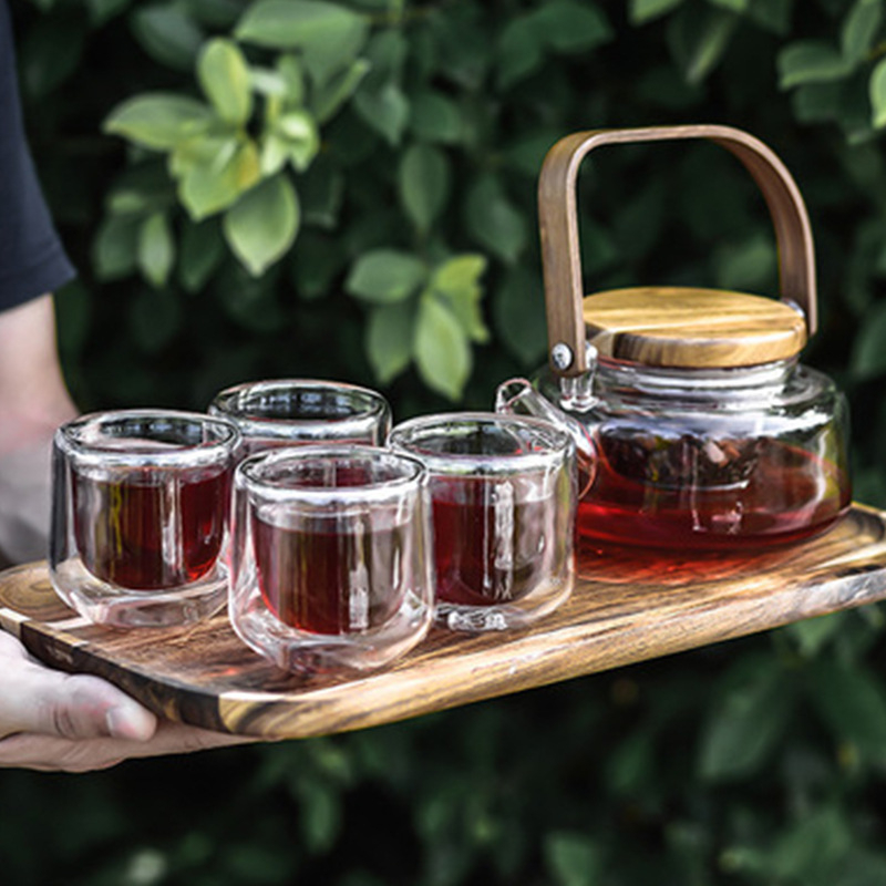 Ceainic de sticlă pentru ceai cu flori, set de cinci piese, cutie cadou, rezistent la temperaturi înalte, transparent