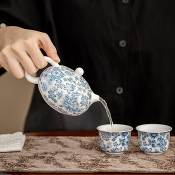 Set de ceai din porțelan alb cu motif Kung Fu, ceainic și tavă pentru ceai, ceramic, pentru două persoane