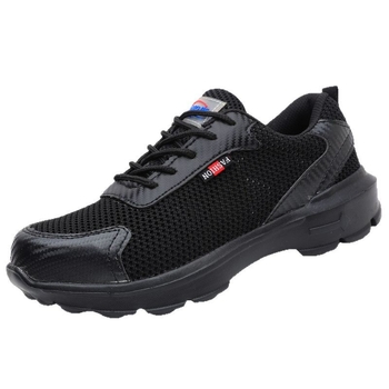 Pantofi de lucru respirabili, vară, cu vârf din oțel, protecție împotriva loviturilor și perforării, partea superioară din Flyknit, talpă din cauciuc, negru