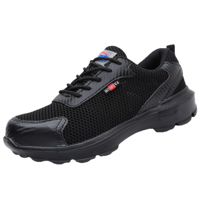 Pantofi de lucru respirabili, vară, cu vârf din oțel, protecție împotriva loviturilor și perforării, partea superioară din Flyknit, talpă din cauciuc, negru