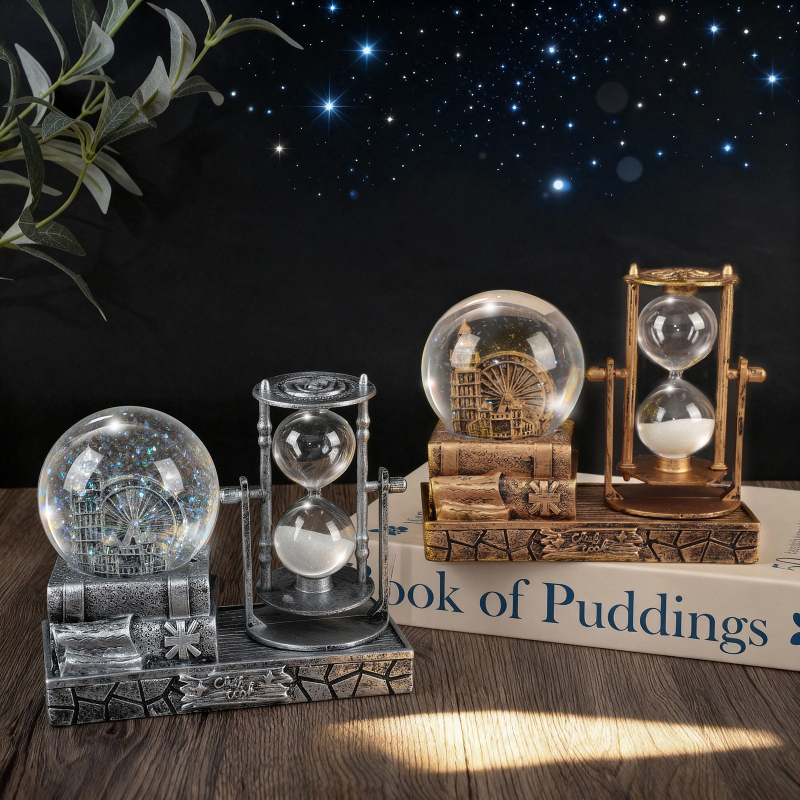 Clepsidră luminoasă într-o sferă de cristal – decor pentru living și vitrină