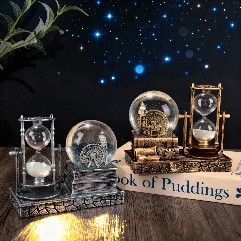 Clepsidră luminoasă într-o sferă de cristal – decor pentru living și vitrină