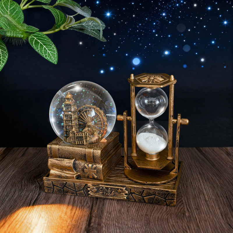 Clepsidră luminoasă într-o sferă de cristal – decor pentru living și vitrină