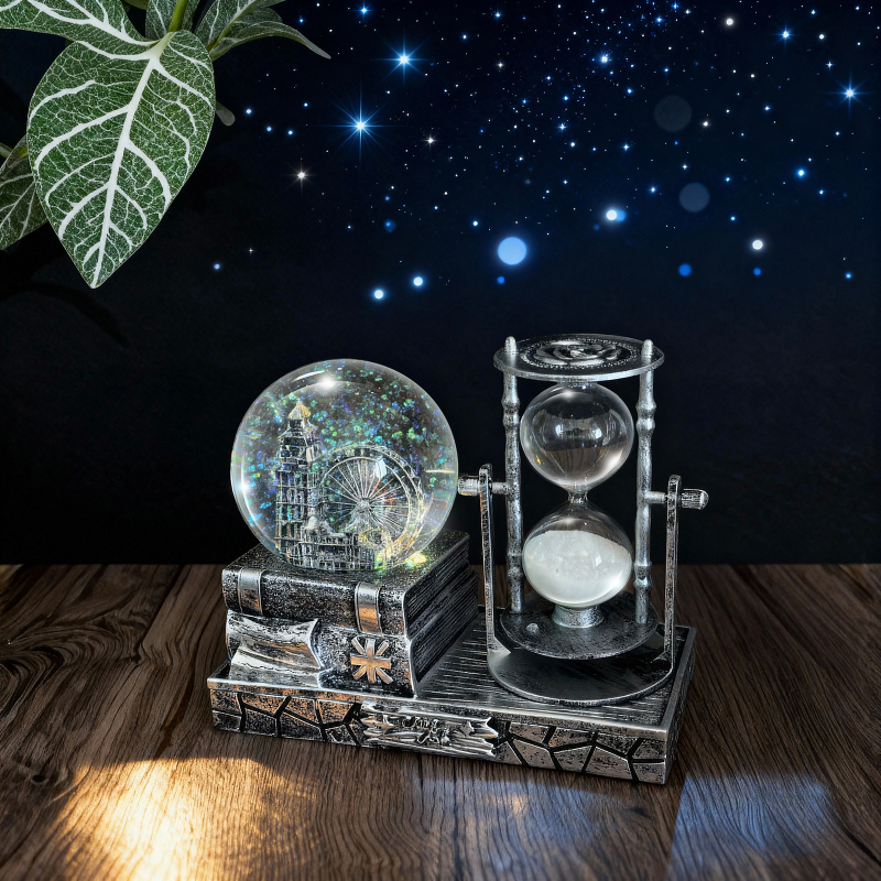 Clepsidră luminoasă într-o sferă de cristal – decor pentru living și vitrină