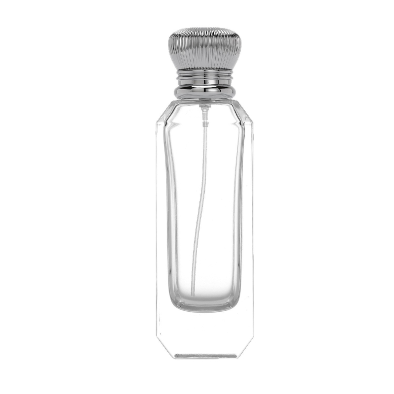 100 ml-es üveg parfüm-újratöltő, ferde vállú, nyomógombos permetezővel, utazáshoz