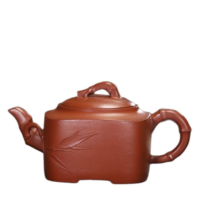 Ceainic Yixing din lut purpuriu, lucrat manual de maeștri renumiți, decor cu frunze de bambus, lut roșu mineral original, ceainic pătrat cu segmente de bambus