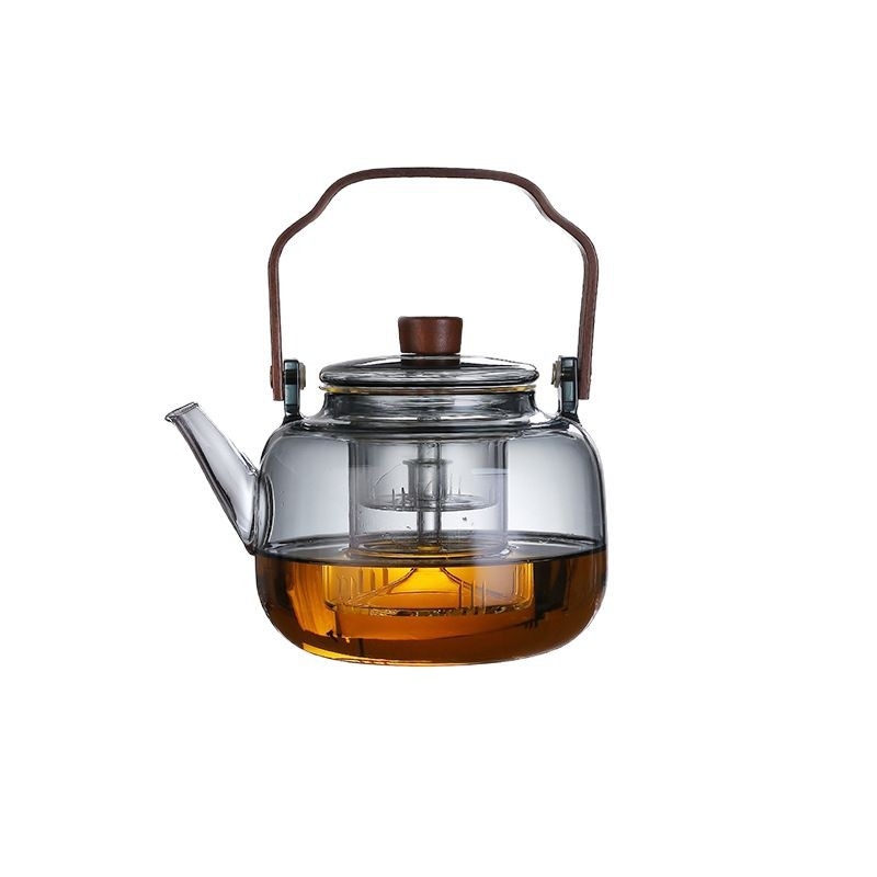 Ceainic din sticlă, cu mâner din lemn, capacitate 1200 ml, sistem combinat de abur și fierbere, culoare fumurie, pentru ceai negru
