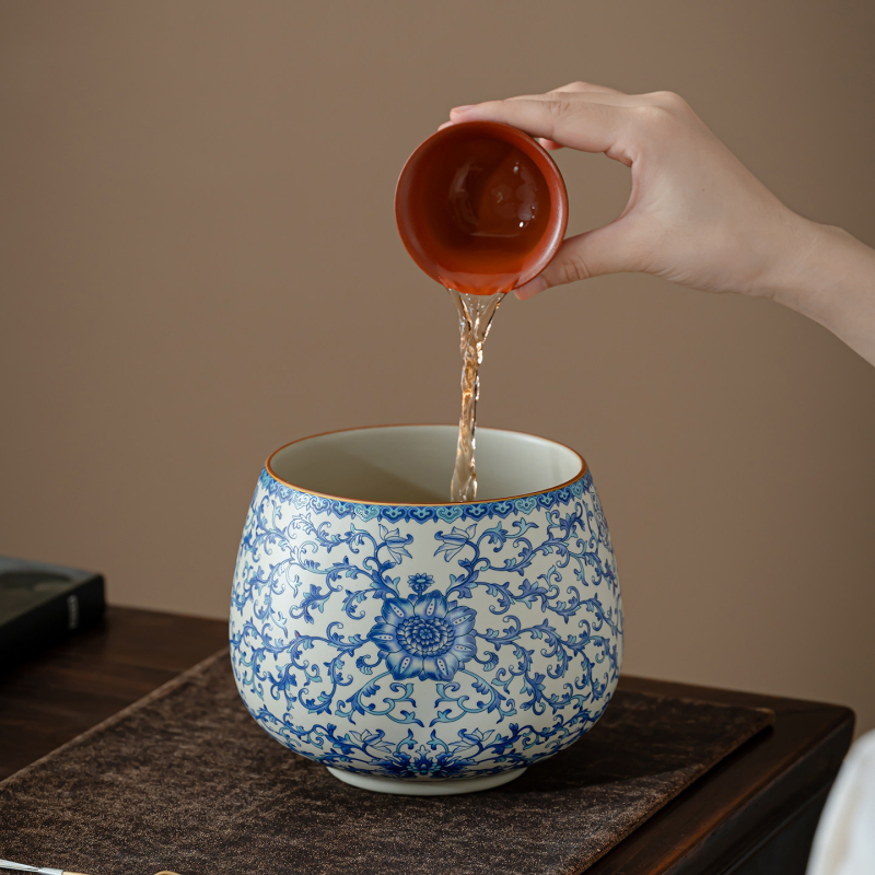 Ceramică albastru-alb Ru Kiln pentru ceai, bazin mare pentru spălat ceai, recipient pentru apă uzată, scrumieră, recipient de apă și accesorii pentru ceai