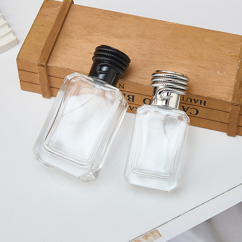 30 ml sík négyszögletes üvegparfüm flakon – üres utántöltő üveg csapzáró kupakkal