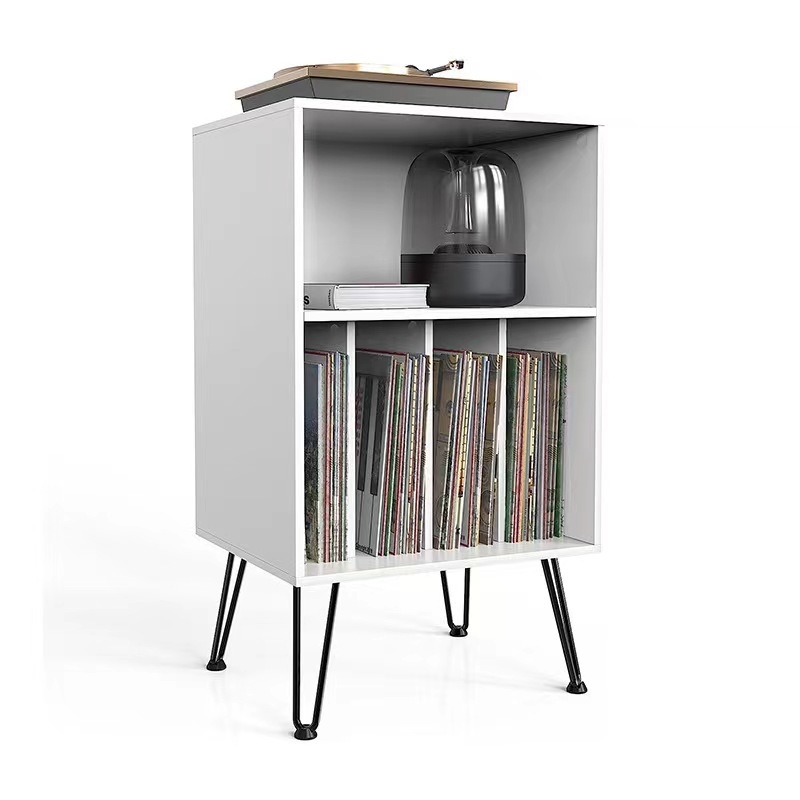Mobilier din lemn masiv pentru viniluri și reviste, bibliotecă de podea cu două niveluri