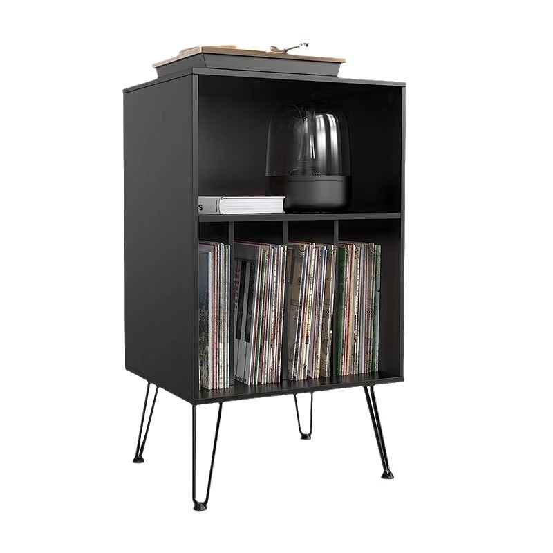 Mobilier din lemn masiv pentru viniluri și reviste, bibliotecă de podea cu două niveluri