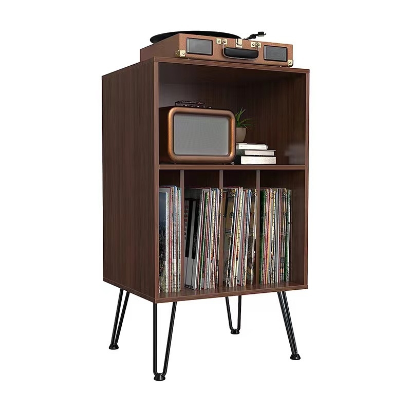 Mobilier din lemn masiv pentru viniluri și reviste, bibliotecă de podea cu două niveluri