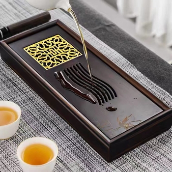 Tavă de ceai din bambus, cu drenaj și depozitare de apă, pentru birou