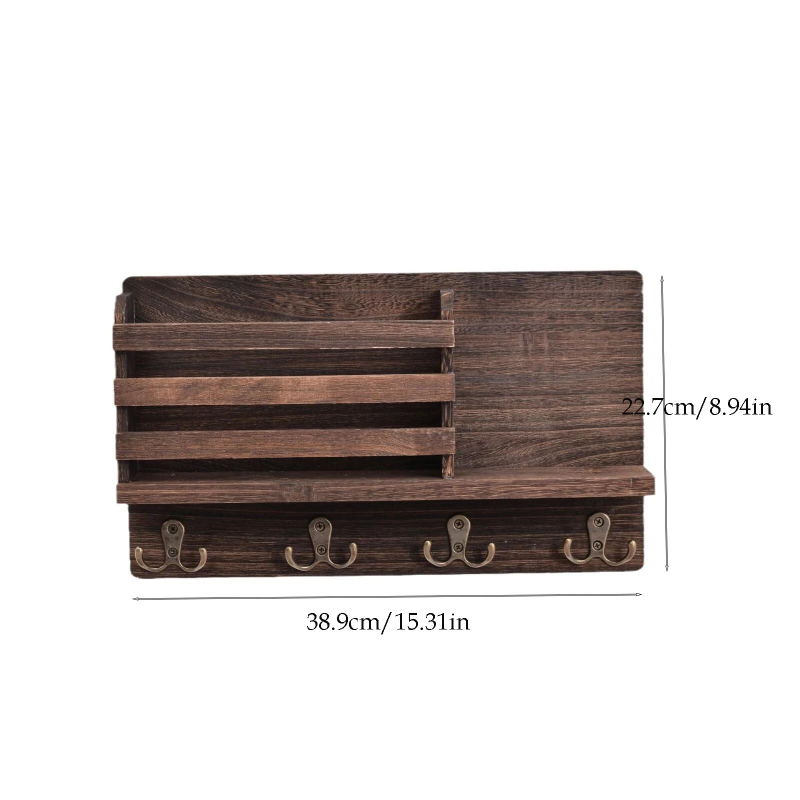 Raft de depozitare pe perete din lemn, cu cârlige pentru chei și reviste, în stil rustic pentru hol sau sufragerie