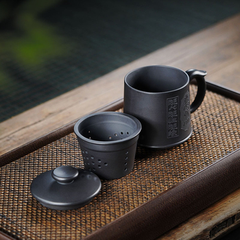 Set de ceai din lut mov cu capac, lut negru ars în cuptor, ceașcă de ceai culoare piatră galbenă, stil unisex