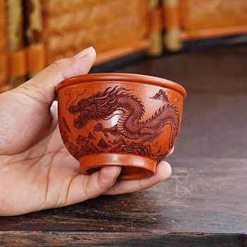Ceșcuță de ceai din lut mov, cu motiv dragon, stil chinezesc, 170 ml
