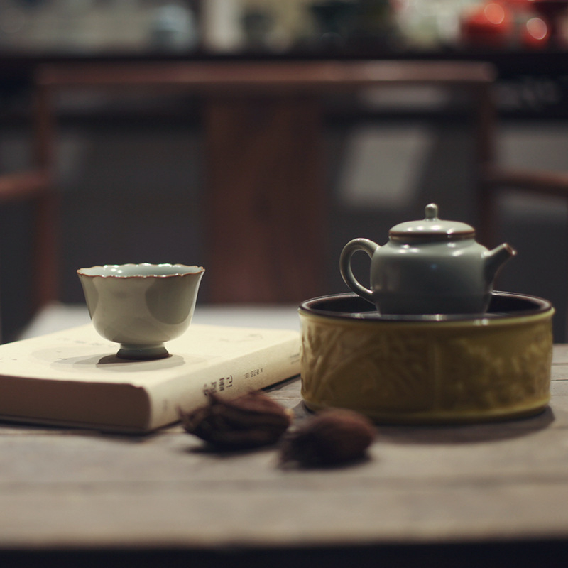 Ceașcă de ceai Xiaofang Kiln Ru Kiln, porțelan Ru, margine florală pentru degustare, set ceramic de ceai