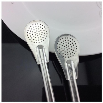 HS84-BS 190 Linguriță pentru mate cu mărgele naturale argintii, din oțel inoxidabil, filtru și pai