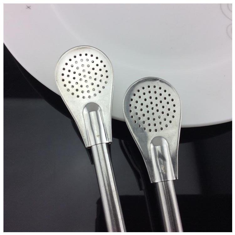 HS84-BS 190 Linguriță pentru mate cu mărgele naturale argintii, din oțel inoxidabil, filtru și pai