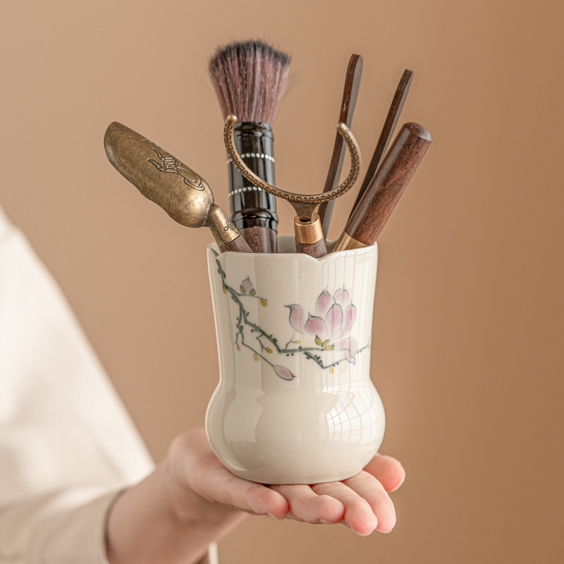 Set Gongfu pentru ceremonia ceaiului, ceramică pictată manual, cu șase domni ai ceremoniei ceaiului, accesorii – clips pentru ceai și linguriță