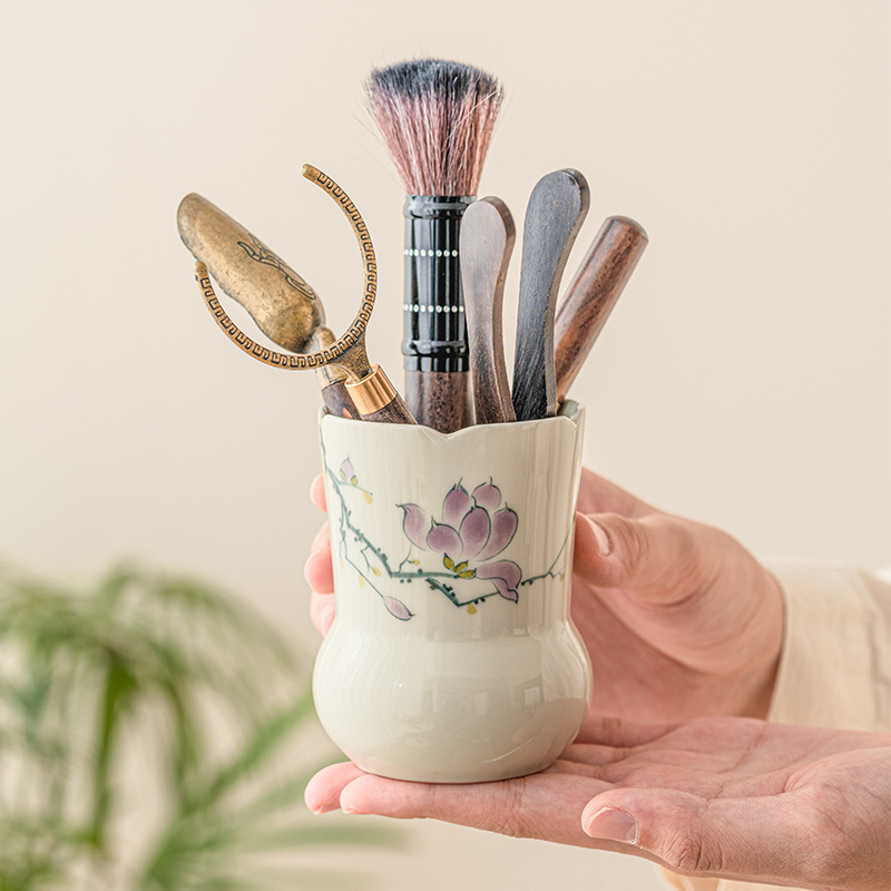 Set Gongfu pentru ceremonia ceaiului, ceramică pictată manual, cu șase domni ai ceremoniei ceaiului, accesorii – clips pentru ceai și linguriță