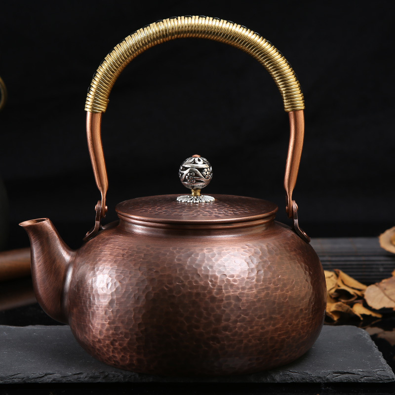 Ceainic din cupru retro, 1,2 L, textură ciocănită, lucrat manual, elegant pentru birou